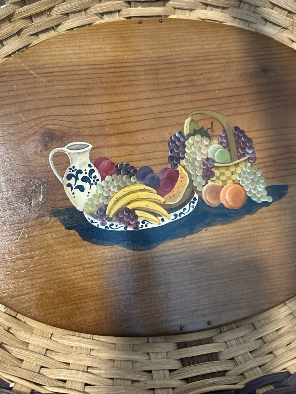 Nantucket style Woven painted Fruit Basket Tray with Wooden Handle - Brown folk